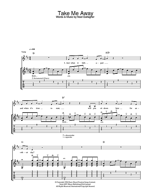 Preview Oasis Take Me Away Rock sheet music, notes and chords for Guitar Tab, SKU: 32719 sheet music, piano notes, chords, guitar tabs, score, transpose, transcribe, how to play, guide, download, learn, tutorial, progression, song, artist, awards, billboard, mtv, vh1, tour, single, album, release