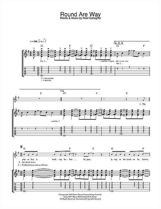 Preview Oasis Round Are Way Rock sheet music, notes and chords for Guitar Tab, SKU: 32720 sheet music, piano notes, chords, guitar tabs, score, transpose, transcribe, how to play, guide, download, learn, tutorial, progression, song, artist, awards, billboard, mtv, vh1, tour, single, album, release