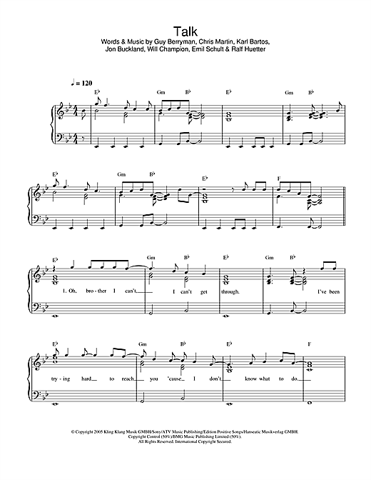 Preview Coldplay Talk Rock sheet music, notes and chords for Easy Piano, SKU: 32727 sheet music, piano notes, chords, guitar tabs, score, transpose, transcribe, how to play, guide, download, learn, tutorial, progression, song, artist, awards, billboard, mtv, vh1, tour, single, album, release