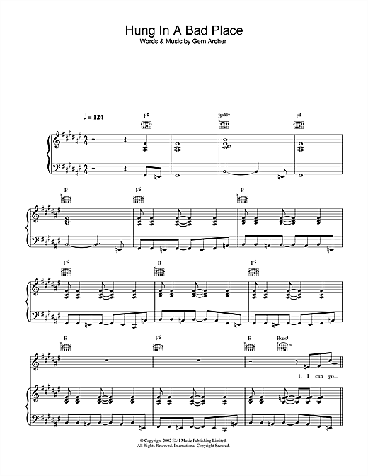 Preview Oasis Hung In A Bad Place Rock sheet music, notes and chords for Piano, Vocal & Guitar, SKU: 32736 sheet music, piano notes, chords, guitar tabs, score, transpose, transcribe, how to play, guide, download, learn, tutorial, progression, song, artist, awards, billboard, mtv, vh1, tour, single, album, release