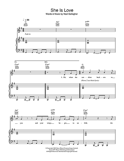 Preview Oasis She Is Love Rock sheet music, notes and chords for Piano, Vocal & Guitar, SKU: 32737 sheet music, piano notes, chords, guitar tabs, score, transpose, transcribe, how to play, guide, download, learn, tutorial, progression, song, artist, awards, billboard, mtv, vh1, tour, single, album, release