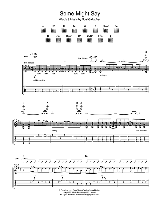 Preview Oasis Some Might Say Rock sheet music, notes and chords for Guitar Tab, SKU: 32742 sheet music, piano notes, chords, guitar tabs, score, transpose, transcribe, how to play, guide, download, learn, tutorial, progression, song, artist, awards, billboard, mtv, vh1, tour, single, album, release