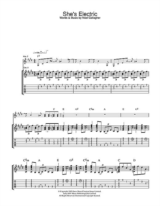 Preview Oasis She's Electric Rock sheet music, notes and chords for Guitar Tab, SKU: 32743 sheet music, piano notes, chords, guitar tabs, score, transpose, transcribe, how to play, guide, download, learn, tutorial, progression, song, artist, awards, billboard, mtv, vh1, tour, single, album, release