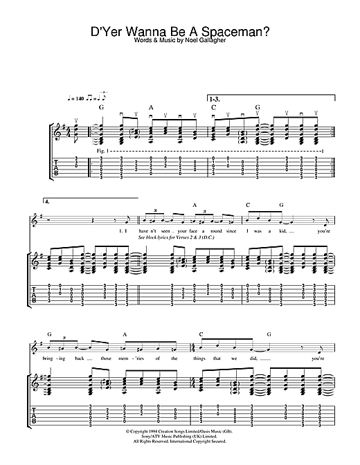Preview Oasis D'Yer Wanna Be A Spaceman? Rock sheet music, notes and chords for Guitar Tab, SKU: 32744 sheet music, piano notes, chords, guitar tabs, score, transpose, transcribe, how to play, guide, download, learn, tutorial, progression, song, artist, awards, billboard, mtv, vh1, tour, single, album, release
