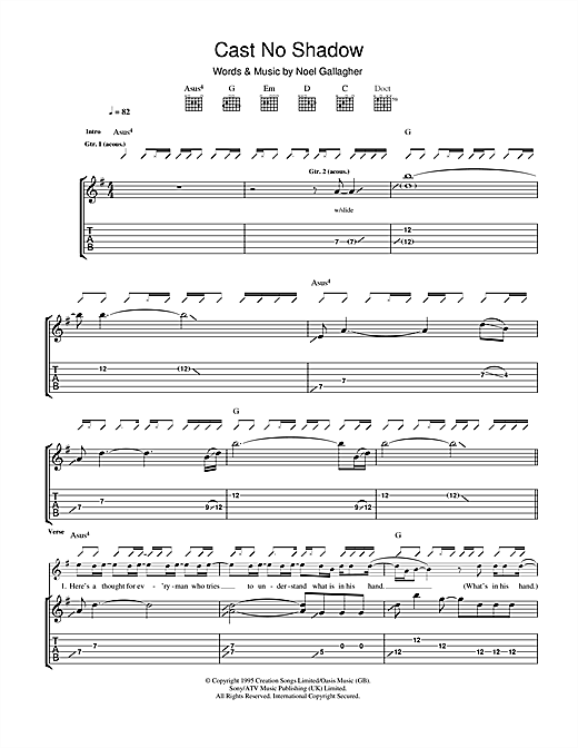 Preview Oasis Cast No Shadow Rock sheet music, notes and chords for Guitar Tab, SKU: 32745 sheet music, piano notes, chords, guitar tabs, score, transpose, transcribe, how to play, guide, download, learn, tutorial, progression, song, artist, awards, billboard, mtv, vh1, tour, single, album, release