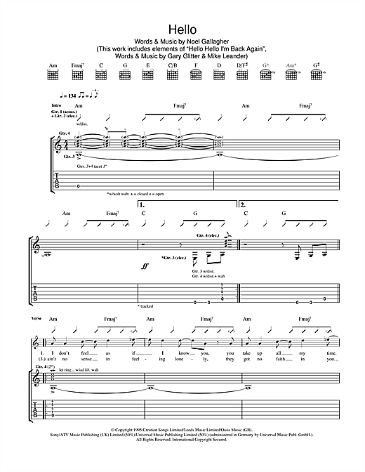 Preview Oasis Hello Rock sheet music, notes and chords for Guitar Tab, SKU: 32747 sheet music, piano notes, chords, guitar tabs, score, transpose, transcribe, how to play, guide, download, learn, tutorial, progression, song, artist, awards, billboard, mtv, vh1, tour, single, album, release