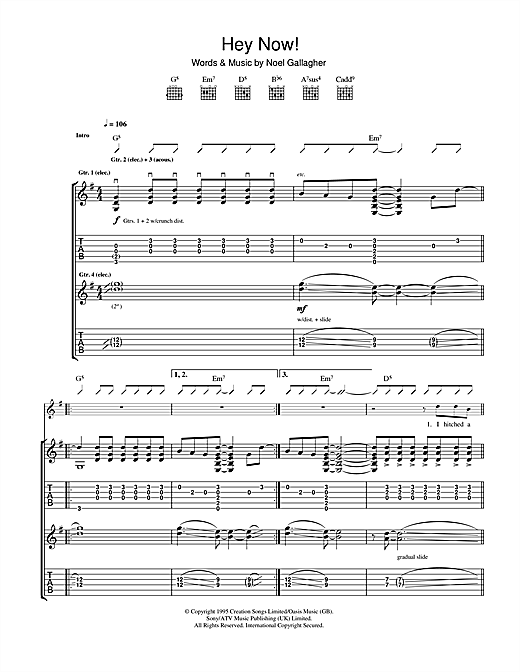 Preview Oasis Hey Now Rock sheet music, notes and chords for Guitar Tab, SKU: 32748 sheet music, piano notes, chords, guitar tabs, score, transpose, transcribe, how to play, guide, download, learn, tutorial, progression, song, artist, awards, billboard, mtv, vh1, tour, single, album, release