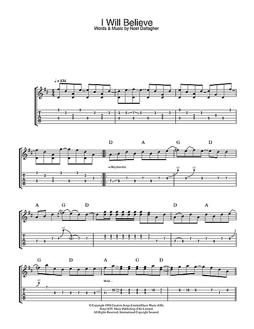 Preview Oasis I Will Believe Rock sheet music, notes and chords for Guitar Tab, SKU: 32749 sheet music, piano notes, chords, guitar tabs, score, transpose, transcribe, how to play, guide, download, learn, tutorial, progression, song, artist, awards, billboard, mtv, vh1, tour, single, album, release