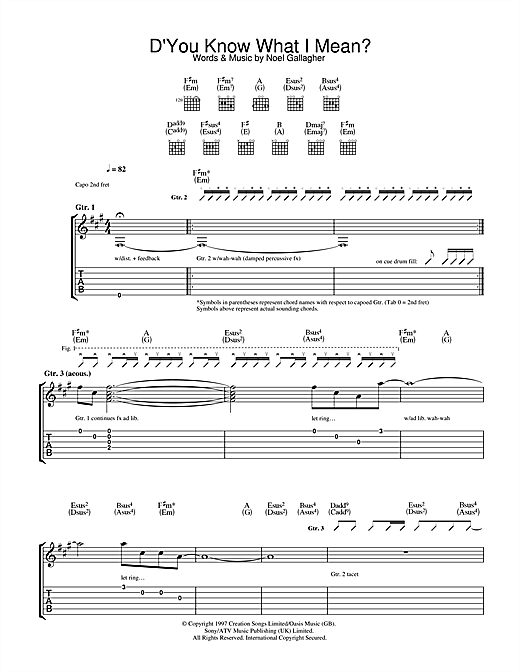 Preview Oasis D'You Know What I Mean? Rock sheet music, notes and chords for Guitar Tab, SKU: 32752 sheet music, piano notes, chords, guitar tabs, score, transpose, transcribe, how to play, guide, download, learn, tutorial, progression, song, artist, awards, billboard, mtv, vh1, tour, single, album, release