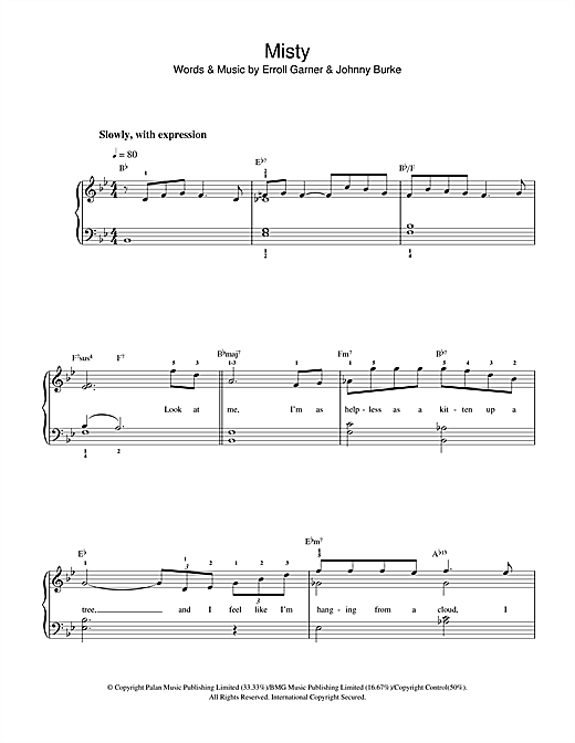 Preview Erroll Garner Misty Jazz sheet music, notes and chords for Beginner Piano, SKU: 32754 sheet music, piano notes, chords, guitar tabs, score, transpose, transcribe, how to play, guide, download, learn, tutorial, progression, song, artist, awards, billboard, mtv, vh1, tour, single, album, release