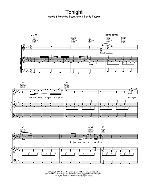 Preview Elton John Tonight Pop sheet music, notes and chords for Piano, Vocal & Guitar, SKU: 32755 sheet music, piano notes, chords, guitar tabs, score, transpose, transcribe, how to play, guide, download, learn, tutorial, progression, song, artist, awards, billboard, mtv, vh1, tour, single, album, release