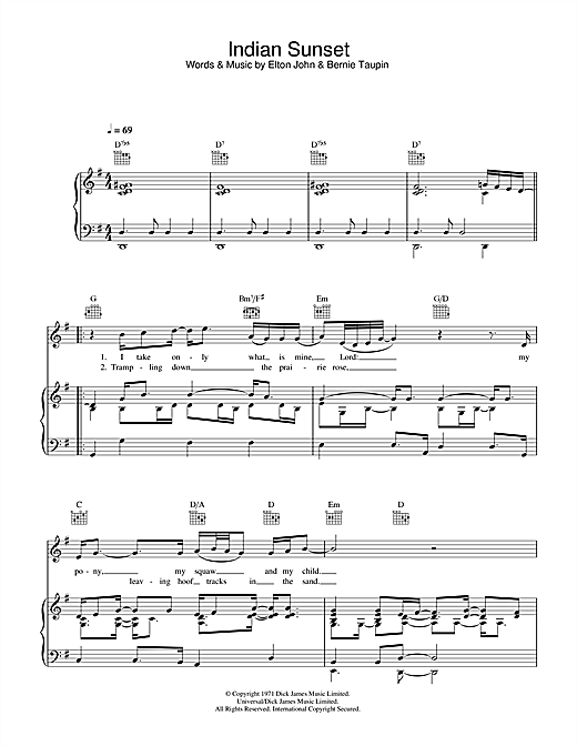 Preview Elton John Indian Sunset Pop sheet music, notes and chords for Piano, Vocal & Guitar, SKU: 32756 sheet music, piano notes, chords, guitar tabs, score, transpose, transcribe, how to play, guide, download, learn, tutorial, progression, song, artist, awards, billboard, mtv, vh1, tour, single, album, release