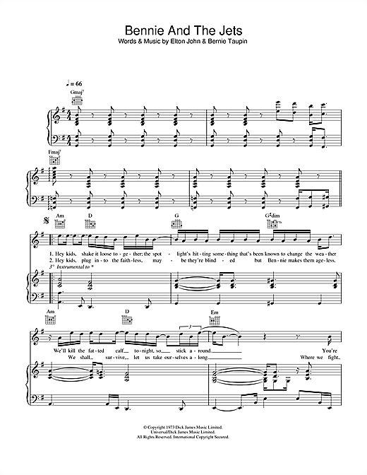 Preview Elton John Bennie And The Jets Pop sheet music, notes and chords for Piano, Vocal & Guitar, SKU: 32758 sheet music, piano notes, chords, guitar tabs, score, transpose, transcribe, how to play, guide, download, learn, tutorial, progression, song, artist, awards, billboard, mtv, vh1, tour, single, album, release