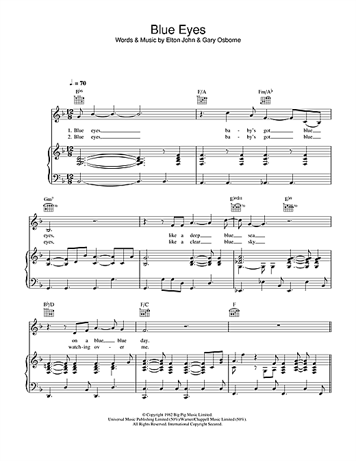 Preview Elton John Blue Eyes Pop sheet music, notes and chords for Piano, Vocal & Guitar, SKU: 32759 sheet music, piano notes, chords, guitar tabs, score, transpose, transcribe, how to play, guide, download, learn, tutorial, progression, song, artist, awards, billboard, mtv, vh1, tour, single, album, release