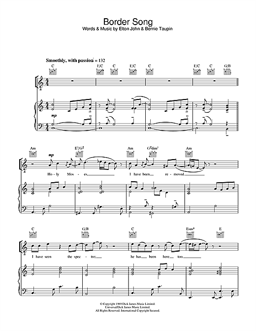 Preview Elton John Border Song Pop sheet music, notes and chords for Piano, Vocal & Guitar, SKU: 32760 sheet music, piano notes, chords, guitar tabs, score, transpose, transcribe, how to play, guide, download, learn, tutorial, progression, song, artist, awards, billboard, mtv, vh1, tour, single, album, release