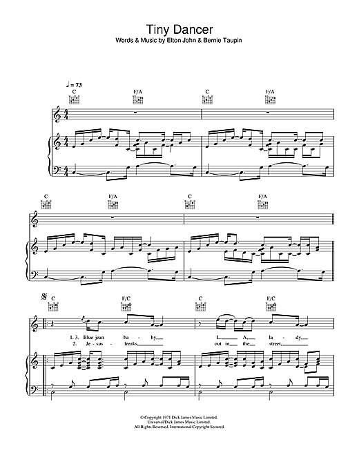 Preview Elton John Tiny Dancer Rock sheet music, notes and chords for Piano, Vocal & Guitar, SKU: 32761 sheet music, piano notes, chords, guitar tabs, score, transpose, transcribe, how to play, guide, download, learn, tutorial, progression, song, artist, awards, billboard, mtv, vh1, tour, single, album, release