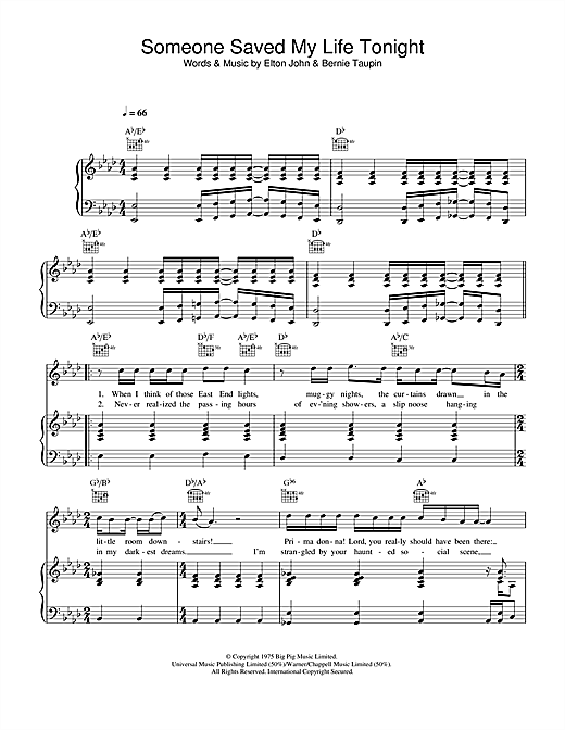 Preview Elton John Someone Saved My Life Tonight Pop sheet music, notes and chords for Piano, Vocal & Guitar, SKU: 32764 sheet music, piano notes, chords, guitar tabs, score, transpose, transcribe, how to play, guide, download, learn, tutorial, progression, song, artist, awards, billboard, mtv, vh1, tour, single, album, release