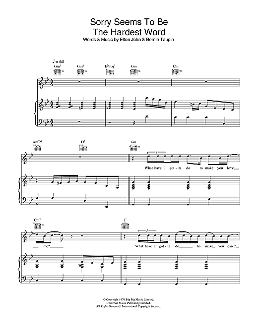 Preview Elton John Sorry Seems To Be The Hardest Word Pop sheet music, notes and chords for Piano, Vocal & Guitar, SKU: 32765 sheet music, piano notes, chords, guitar tabs, score, transpose, transcribe, how to play, guide, download, learn, tutorial, progression, song, artist, awards, billboard, mtv, vh1, tour, single, album, release