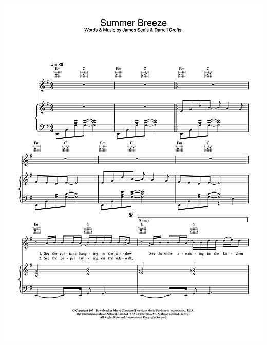 Preview The Isley Brothers Summer Breeze Soul sheet music, notes and chords for Piano, Vocal & Guitar, SKU: 32766 sheet music, piano notes, chords, guitar tabs, score, transpose, transcribe, how to play, guide, download, learn, tutorial, progression, song, artist, awards, billboard, mtv, vh1, tour, single, album, release