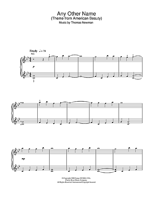 Preview Thomas Newman Any Other Name (Theme from American Beauty) Film and TV sheet music, notes and chords for Beginner Piano, SKU: 32768 sheet music, piano notes, chords, guitar tabs, score, transpose, transcribe, how to play, guide, download, learn, tutorial, progression, song, artist, awards, billboard, mtv, vh1, tour, single, album, release