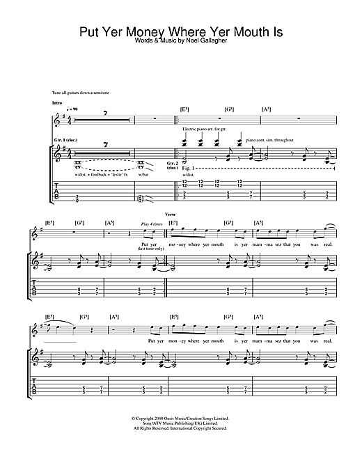 Preview Oasis Put Yer Money Where Yer Mouth Is Rock sheet music, notes and chords for Guitar Tab, SKU: 32771 sheet music, piano notes, chords, guitar tabs, score, transpose, transcribe, how to play, guide, download, learn, tutorial, progression, song, artist, awards, billboard, mtv, vh1, tour, single, album, release