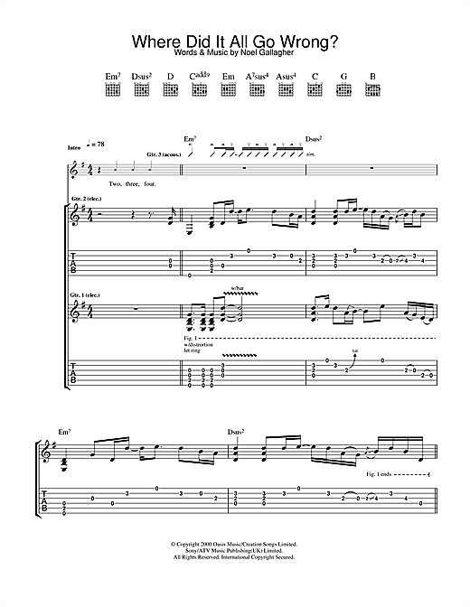 Preview Oasis Where Did It All Go Wrong? Rock sheet music, notes and chords for Guitar Tab, SKU: 32773 sheet music, piano notes, chords, guitar tabs, score, transpose, transcribe, how to play, guide, download, learn, tutorial, progression, song, artist, awards, billboard, mtv, vh1, tour, single, album, release