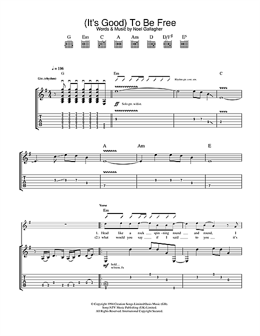 Preview Oasis (It's Good) To Be Free Rock sheet music, notes and chords for Guitar Tab, SKU: 32776 sheet music, piano notes, chords, guitar tabs, score, transpose, transcribe, how to play, guide, download, learn, tutorial, progression, song, artist, awards, billboard, mtv, vh1, tour, single, album, release