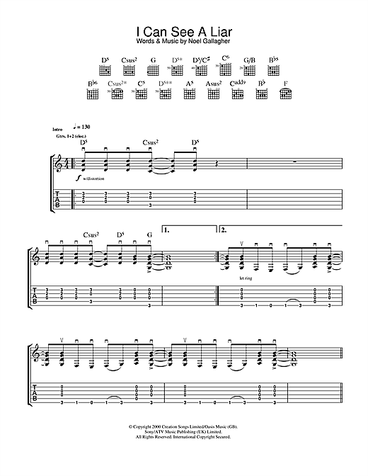 Preview Oasis I Can See A Liar Rock sheet music, notes and chords for Guitar Tab, SKU: 32779 sheet music, piano notes, chords, guitar tabs, score, transpose, transcribe, how to play, guide, download, learn, tutorial, progression, song, artist, awards, billboard, mtv, vh1, tour, single, album, release
