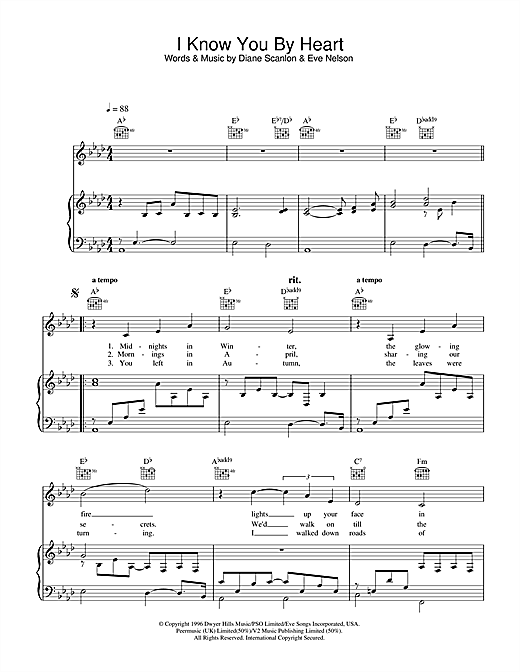 Preview Eva Cassidy I Know You By Heart Pop sheet music, notes and chords for Piano, Vocal & Guitar, SKU: 32789 sheet music, piano notes, chords, guitar tabs, score, transpose, transcribe, how to play, guide, download, learn, tutorial, progression, song, artist, awards, billboard, mtv, vh1, tour, single, album, release