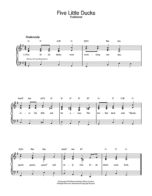 Preview Traditional Five Little Ducks Children sheet music, notes and chords for Piano & Vocal, SKU: 32794 sheet music, piano notes, chords, guitar tabs, score, transpose, transcribe, how to play, guide, download, learn, tutorial, progression, song, artist, awards, billboard, mtv, vh1, tour, single, album, release