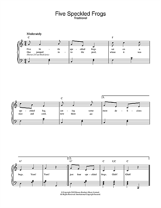 Preview Traditional Five Little Speckled Frogs Children sheet music, notes and chords for Piano & Vocal, SKU: 32795 sheet music, piano notes, chords, guitar tabs, score, transpose, transcribe, how to play, guide, download, learn, tutorial, progression, song, artist, awards, billboard, mtv, vh1, tour, single, album, release