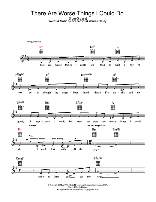 Preview Stockard Channing There Are Worse Things I Could Do (from Grease) Musicals sheet music, notes and chords for Melody Line, Lyrics & Chords, SKU: 32802 sheet music, piano notes, chords, guitar tabs, score, transpose, transcribe, how to play, guide, download, learn, tutorial, progression, song, artist, awards, billboard, mtv, vh1, tour, single, album, release