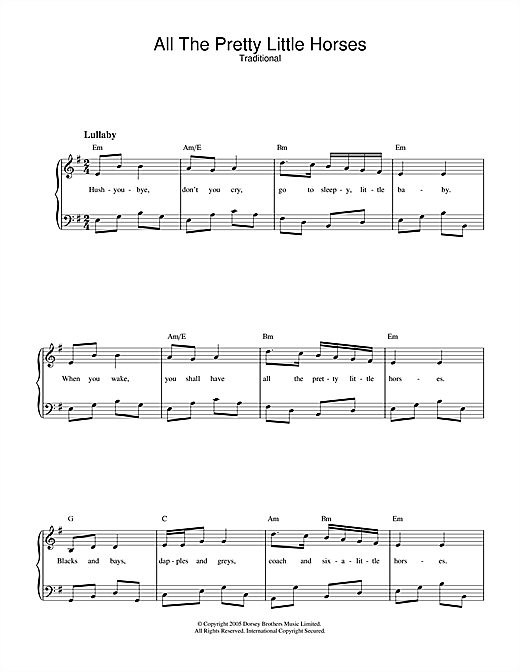 Preview Traditional All The Pretty Little Horses Children sheet music, notes and chords for Piano & Vocal, SKU: 32805 sheet music, piano notes, chords, guitar tabs, score, transpose, transcribe, how to play, guide, download, learn, tutorial, progression, song, artist, awards, billboard, mtv, vh1, tour, single, album, release