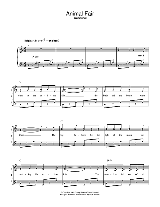 Preview Traditional Animal Fair Children sheet music, notes and chords for Piano & Vocal, SKU: 32806 sheet music, piano notes, chords, guitar tabs, score, transpose, transcribe, how to play, guide, download, learn, tutorial, progression, song, artist, awards, billboard, mtv, vh1, tour, single, album, release