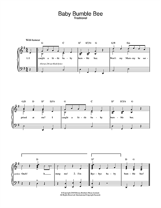 Preview Traditional Baby Bumble Bee Children sheet music, notes and chords for Piano & Vocal, SKU: 32807 sheet music, piano notes, chords, guitar tabs, score, transpose, transcribe, how to play, guide, download, learn, tutorial, progression, song, artist, awards, billboard, mtv, vh1, tour, single, album, release
