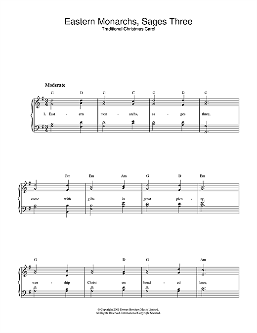 Preview Christmas Carol Eastern Monarchs, Sages Three Christmas sheet music, notes and chords for Piano & Vocal, SKU: 32828 sheet music, piano notes, chords, guitar tabs, score, transpose, transcribe, how to play, guide, download, learn, tutorial, progression, song, artist, awards, billboard, mtv, vh1, tour, single, album, release