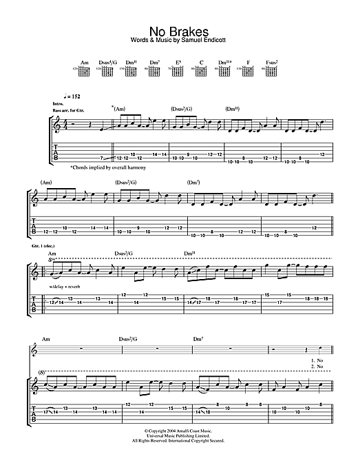 Preview The Bravery No Brakes Rock sheet music, notes and chords for Guitar Tab, SKU: 32830 sheet music, piano notes, chords, guitar tabs, score, transpose, transcribe, how to play, guide, download, learn, tutorial, progression, song, artist, awards, billboard, mtv, vh1, tour, single, album, release