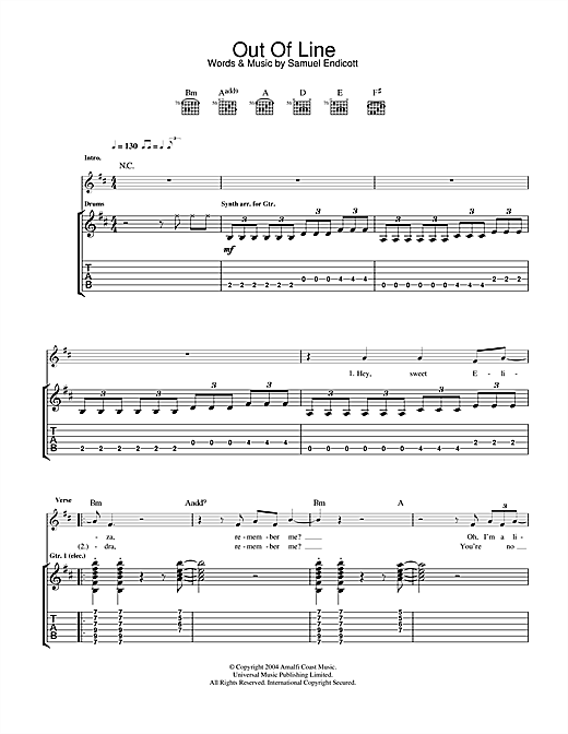 Preview The Bravery Out Of Line Rock sheet music, notes and chords for Guitar Tab, SKU: 32833 sheet music, piano notes, chords, guitar tabs, score, transpose, transcribe, how to play, guide, download, learn, tutorial, progression, song, artist, awards, billboard, mtv, vh1, tour, single, album, release