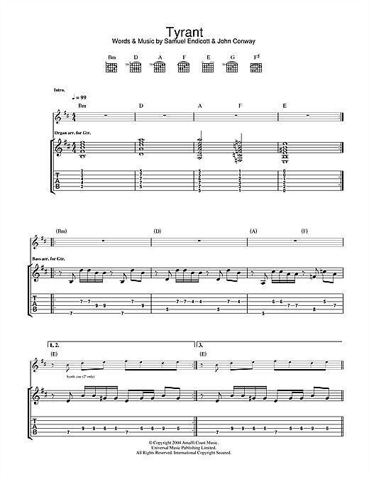 Preview The Bravery Tyrant Rock sheet music, notes and chords for Guitar Tab, SKU: 32835 sheet music, piano notes, chords, guitar tabs, score, transpose, transcribe, how to play, guide, download, learn, tutorial, progression, song, artist, awards, billboard, mtv, vh1, tour, single, album, release