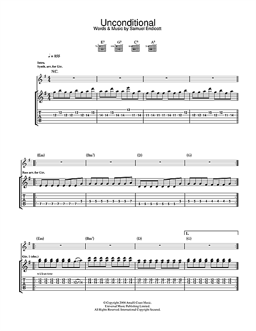 Preview The Bravery Unconditional Rock sheet music, notes and chords for Guitar Tab, SKU: 32837 sheet music, piano notes, chords, guitar tabs, score, transpose, transcribe, how to play, guide, download, learn, tutorial, progression, song, artist, awards, billboard, mtv, vh1, tour, single, album, release