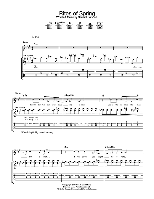 Preview The Bravery Rites Of Spring Rock sheet music, notes and chords for Guitar Tab, SKU: 32839 sheet music, piano notes, chords, guitar tabs, score, transpose, transcribe, how to play, guide, download, learn, tutorial, progression, song, artist, awards, billboard, mtv, vh1, tour, single, album, release