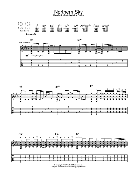 Preview Nick Drake Northern Sky Rock sheet music, notes and chords for Guitar Tab, SKU: 32842 sheet music, piano notes, chords, guitar tabs, score, transpose, transcribe, how to play, guide, download, learn, tutorial, progression, song, artist, awards, billboard, mtv, vh1, tour, single, album, release