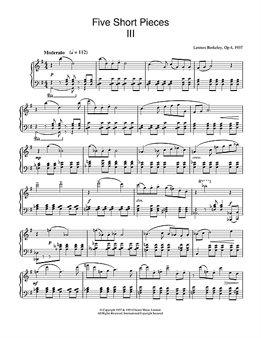 Preview Lennox Berkeley Five Short Pieces, No.3, Op.4 Classical sheet music, notes and chords for Piano, SKU: 32845 sheet music, piano notes, chords, guitar tabs, score, transpose, transcribe, how to play, guide, download, learn, tutorial, progression, song, artist, awards, billboard, mtv, vh1, tour, single, album, release