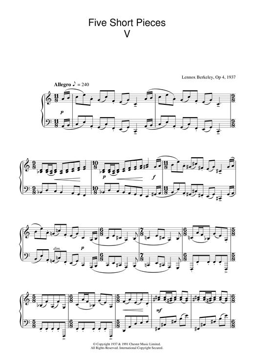 Preview Lennox Berkeley Five Short Pieces, No.5, Op.4 Classical sheet music, notes and chords for Piano, SKU: 32847 sheet music, piano notes, chords, guitar tabs, score, transpose, transcribe, how to play, guide, download, learn, tutorial, progression, song, artist, awards, billboard, mtv, vh1, tour, single, album, release