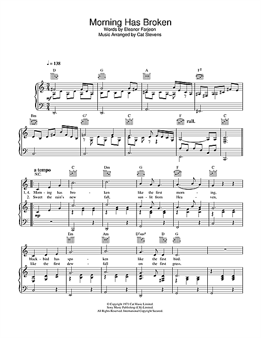 Preview Cat Stevens Morning Has Broken Folk sheet music, notes and chords for Piano, Vocal & Guitar (Right-Hand Melody), SKU: 32850 sheet music, piano notes, chords, guitar tabs, score, transpose, transcribe, how to play, guide, download, learn, tutorial, progression, song, artist, awards, billboard, mtv, vh1, tour, single, album, release