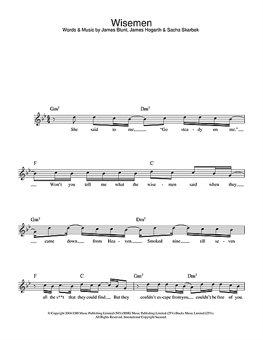 Preview James Blunt Wisemen Pop sheet music, notes and chords for Melody Line, Lyrics & Chords, SKU: 32851 sheet music, piano notes, chords, guitar tabs, score, transpose, transcribe, how to play, guide, download, learn, tutorial, progression, song, artist, awards, billboard, mtv, vh1, tour, single, album, release