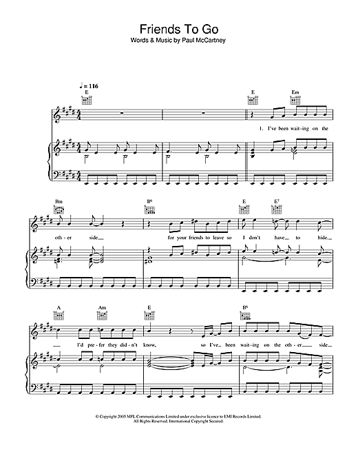 Preview Paul McCartney Friends To Go Rock sheet music, notes and chords for Piano, Vocal & Guitar (Right-Hand Melody), SKU: 32852 sheet music, piano notes, chords, guitar tabs, score, transpose, transcribe, how to play, guide, download, learn, tutorial, progression, song, artist, awards, billboard, mtv, vh1, tour, single, album, release