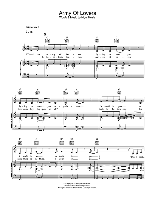 Preview Lee Ryan Army Of Lovers Pop sheet music, notes and chords for Piano, Vocal & Guitar (Right-Hand Melody), SKU: 32853 sheet music, piano notes, chords, guitar tabs, score, transpose, transcribe, how to play, guide, download, learn, tutorial, progression, song, artist, awards, billboard, mtv, vh1, tour, single, album, release