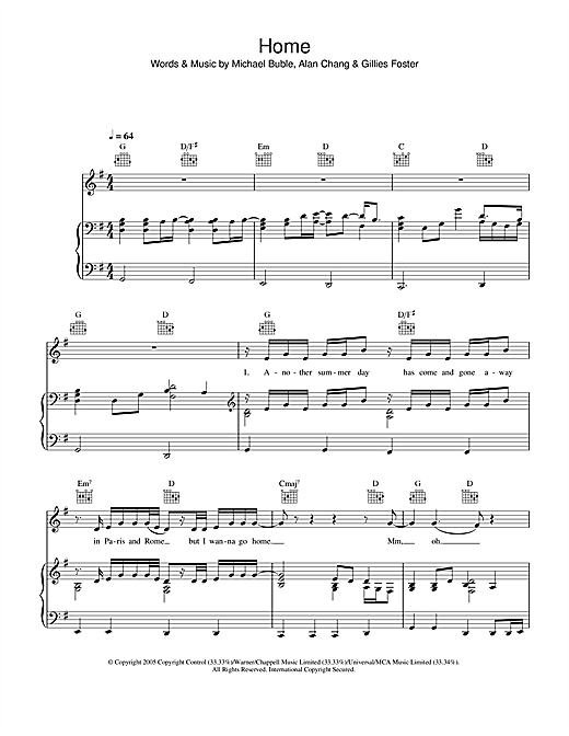 Preview Michael Buble Home Pop sheet music, notes and chords for Piano, Vocal & Guitar (Right-Hand Melody), SKU: 32854 sheet music, piano notes, chords, guitar tabs, score, transpose, transcribe, how to play, guide, download, learn, tutorial, progression, song, artist, awards, billboard, mtv, vh1, tour, single, album, release
