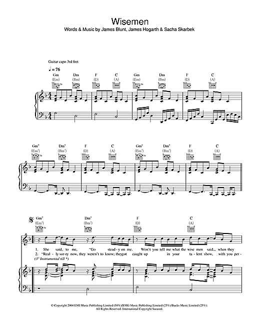 Preview James Blunt Wisemen Pop sheet music, notes and chords for Piano, Vocal & Guitar (Right-Hand Melody), SKU: 32856 sheet music, piano notes, chords, guitar tabs, score, transpose, transcribe, how to play, guide, download, learn, tutorial, progression, song, artist, awards, billboard, mtv, vh1, tour, single, album, release